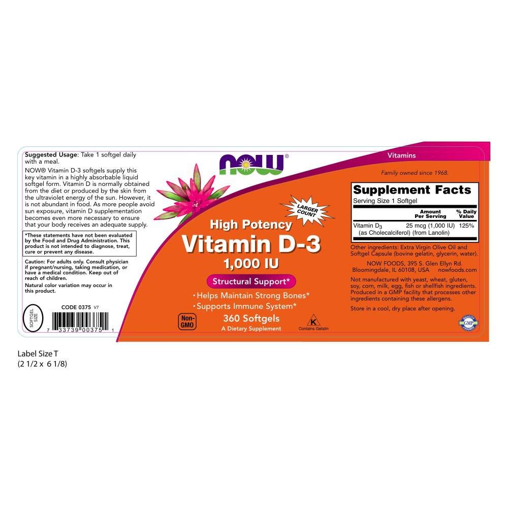 NOW Supplements, Vitamin D-3 1,000 IU, High Potency, Structural Support*, 360 Softgels