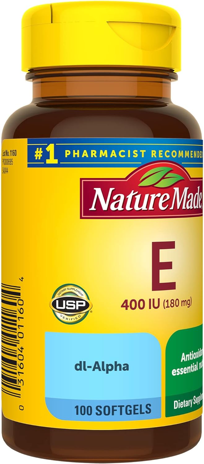 Nature Made Vitamin E 180 mg (400 IU) dl-Alpha, Dietary Supplement for Antioxidant Support, 100 Softgels, 100 Day Supply