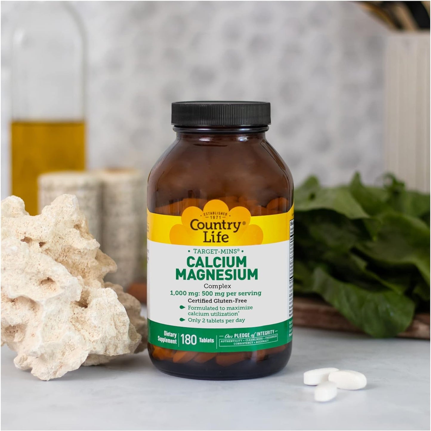 Country Life Target-Mins Calcium Magnesium Complex 1000mg/500mg, 180 Tablets, Certified Gluten Free, Certified Vegan, Certified Non-GMO Verified