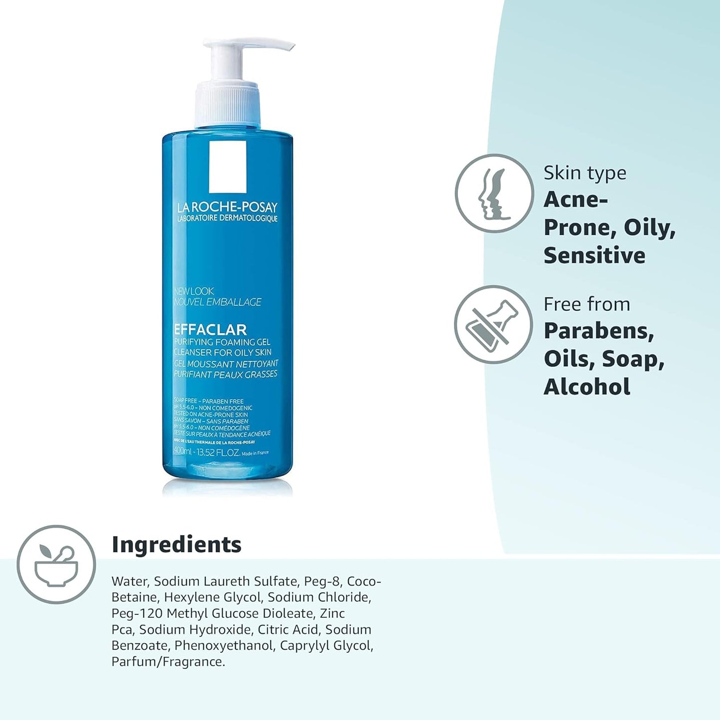 La Roche-Posay Effaclar Purifying Foaming Gel Cleanser for Oily Skin, Alcohol Free Acne Face Wash, Oil Absorbing Deep Pore Cleanser, Oil Free, Light Scent and Safe for Sensitive Skin