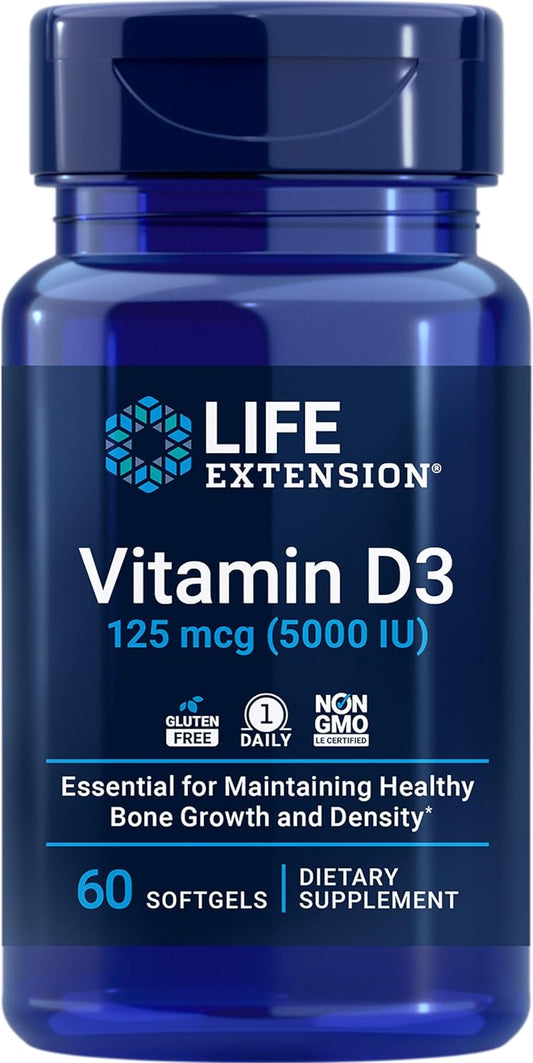 Life Extension Vitamin D3 125 mcg (5000 IU), Bone Health, Brain Performance, Immune System Support, Gluten-free, Non-GMO, Once Daily, Two-month Supply, 60 Softgels