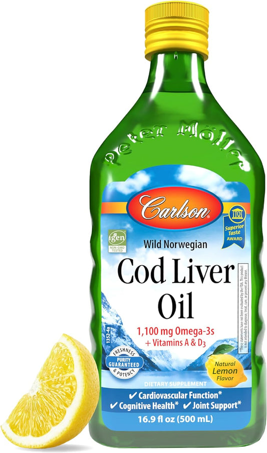 Carlson - Cod Liver Oil, 1100 mg Omega-3s, Liquid Fish Oil Supplement, Wild-Caught Norwegian Arctic , Sustainably Sourced Nordic Fish Oil Liquid, Lemon, 500 ml