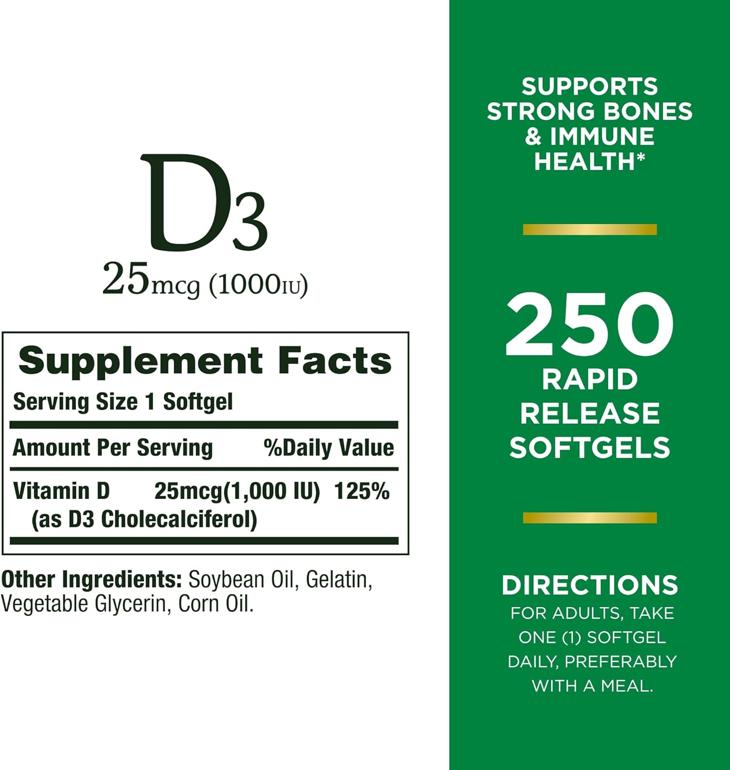 Nature's Bounty Vitamin D3 1000 IU, Immune Support, Helps Maintain Healthy Bones, 250 Rapid Release Softgels