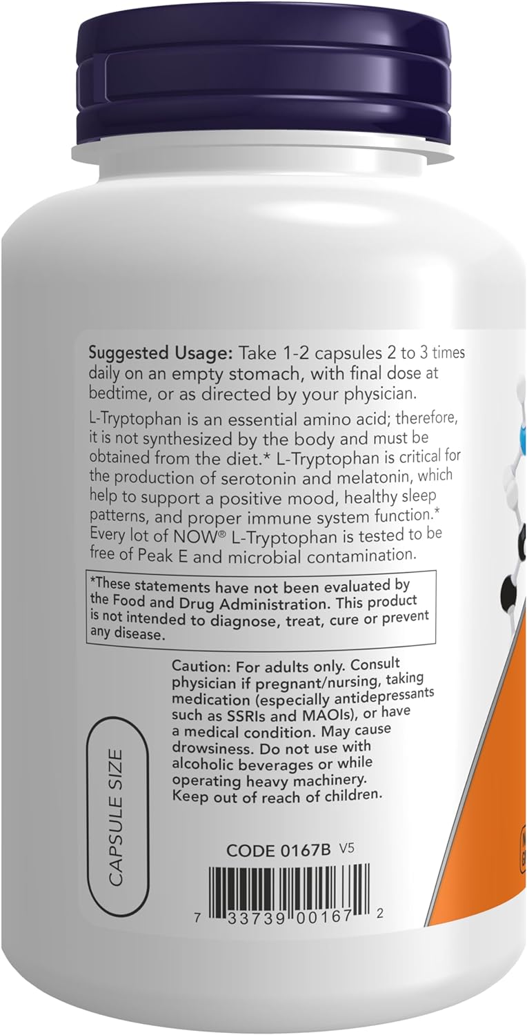 NOW Supplements, L-Tryptophan 500 mg, Encourages Positive Mood*, Supports Relaxation*, 120 Veg Capsules