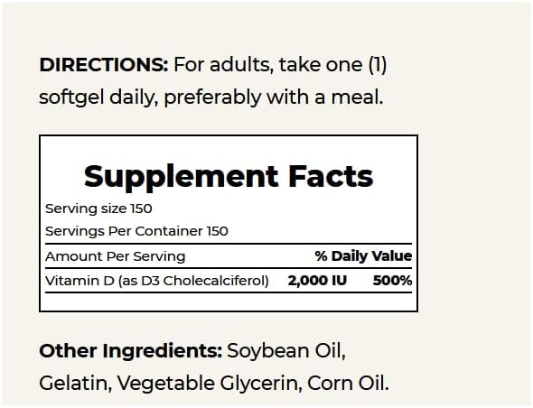 Nature's Bounty Vitamin D, Supports Immune Health & Bone Health, 2000IU Vitamin D3, 150 Softgels ,150 Count (Pack of 1)