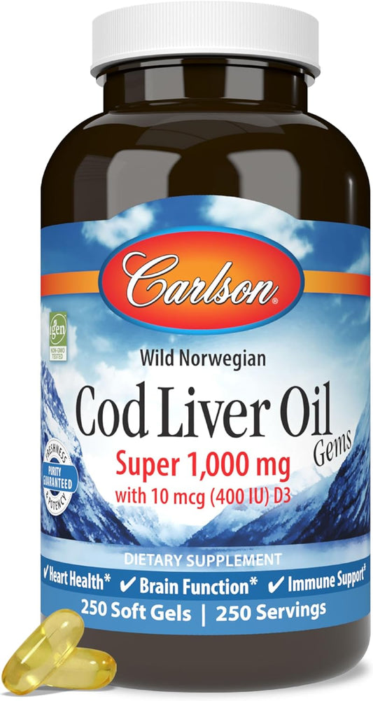 Carlson - Cod Liver Oil Gems, Super 1000 mg, 250 mg Omega-3s, 400 IU (10 mcg) Vitamin D3, Wild Caught Norwegian Arctic Cod Liver Oil, Nordic Fish Oil Capsules, 250 Softgels