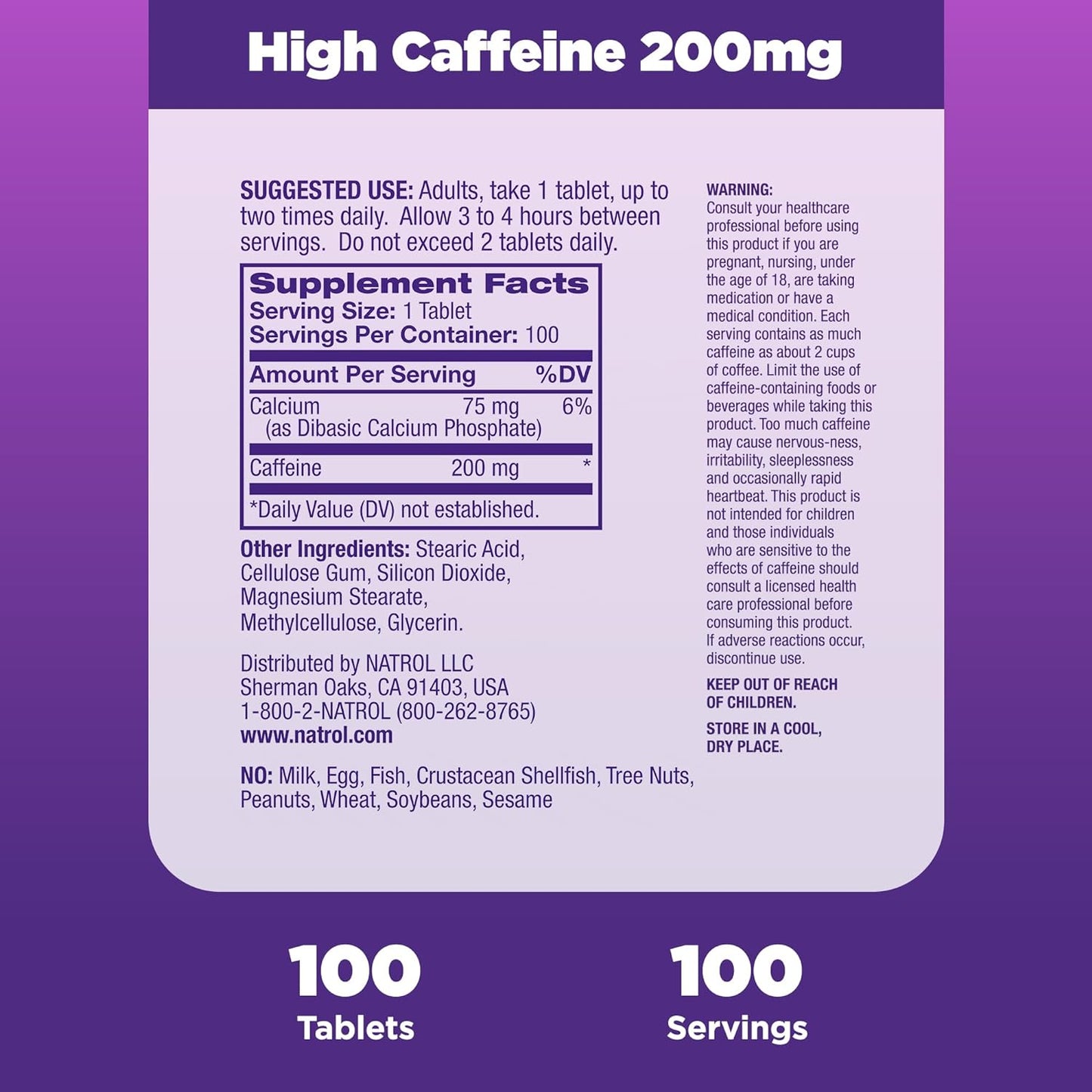 Natrol High Caffeine Tablets, Energy Support, Helps Enhance Endurance and Mental Focus, Caffeine Supplement, Fatigue, Pre-Workout, Extra Strength, 200mg, Unflavored, 100.0 Count