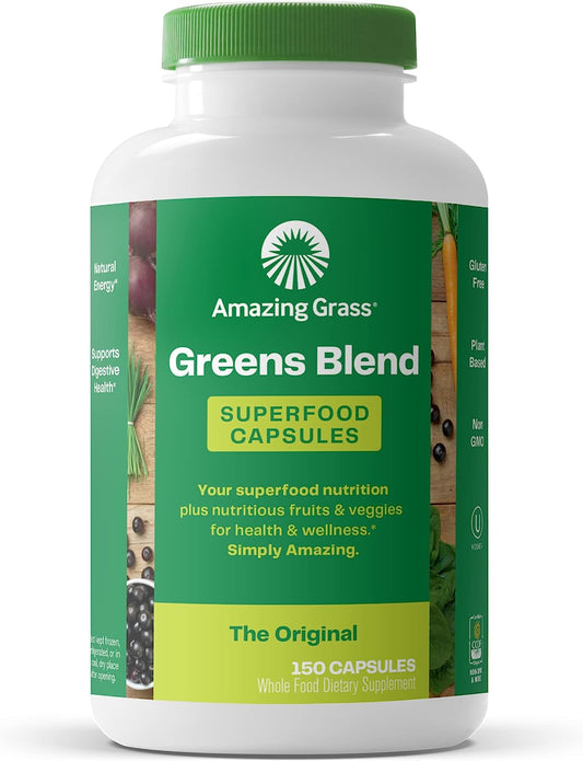 Amazing Grass Greens Blend Superfood Capsules: Super Greens with Organic Spirulina, Chlorella, Beet Root Powder, Digestive Enzymes & Probiotics, 150 Capsules (Packaging May Vary)