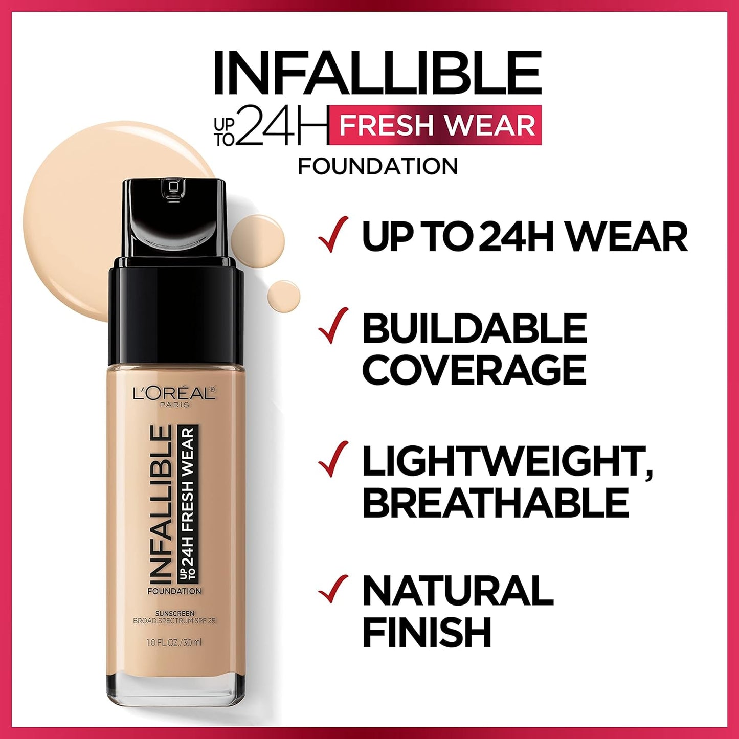 L'Oreal Paris Makeup Infallible Up to 24 Hour Fresh Wear Lightweight Foundation, Golden Beige, 1 Fl Oz.