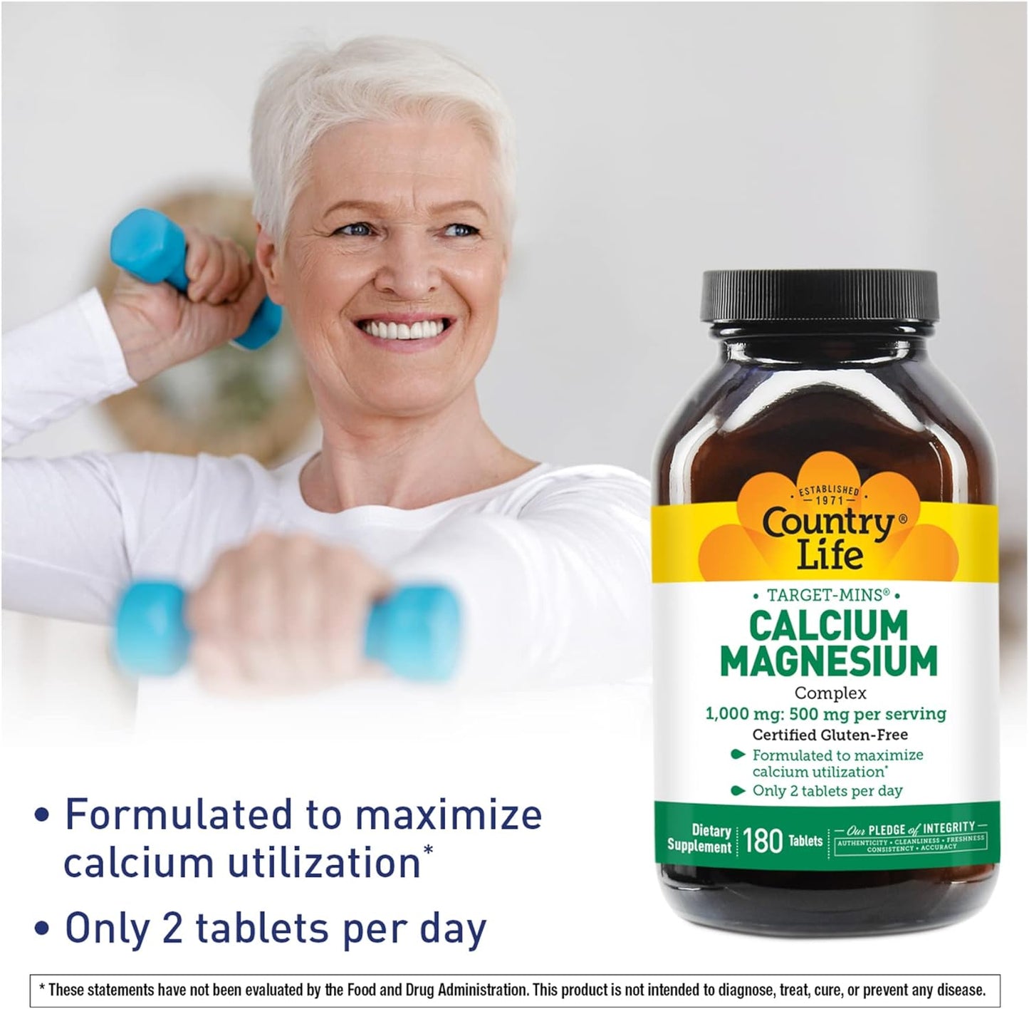 Country Life Target-Mins Calcium Magnesium Complex 1000mg/500mg, 180 Tablets, Certified Gluten Free, Certified Vegan, Certified Non-GMO Verified