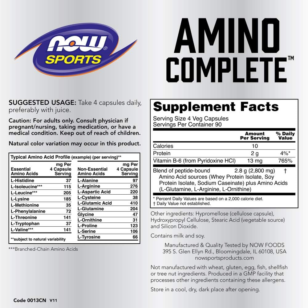 NOW Sports Nutrition, Amino Complete™, Protein Blend With 21 Aminos and B-6, 360 Veg Capsules