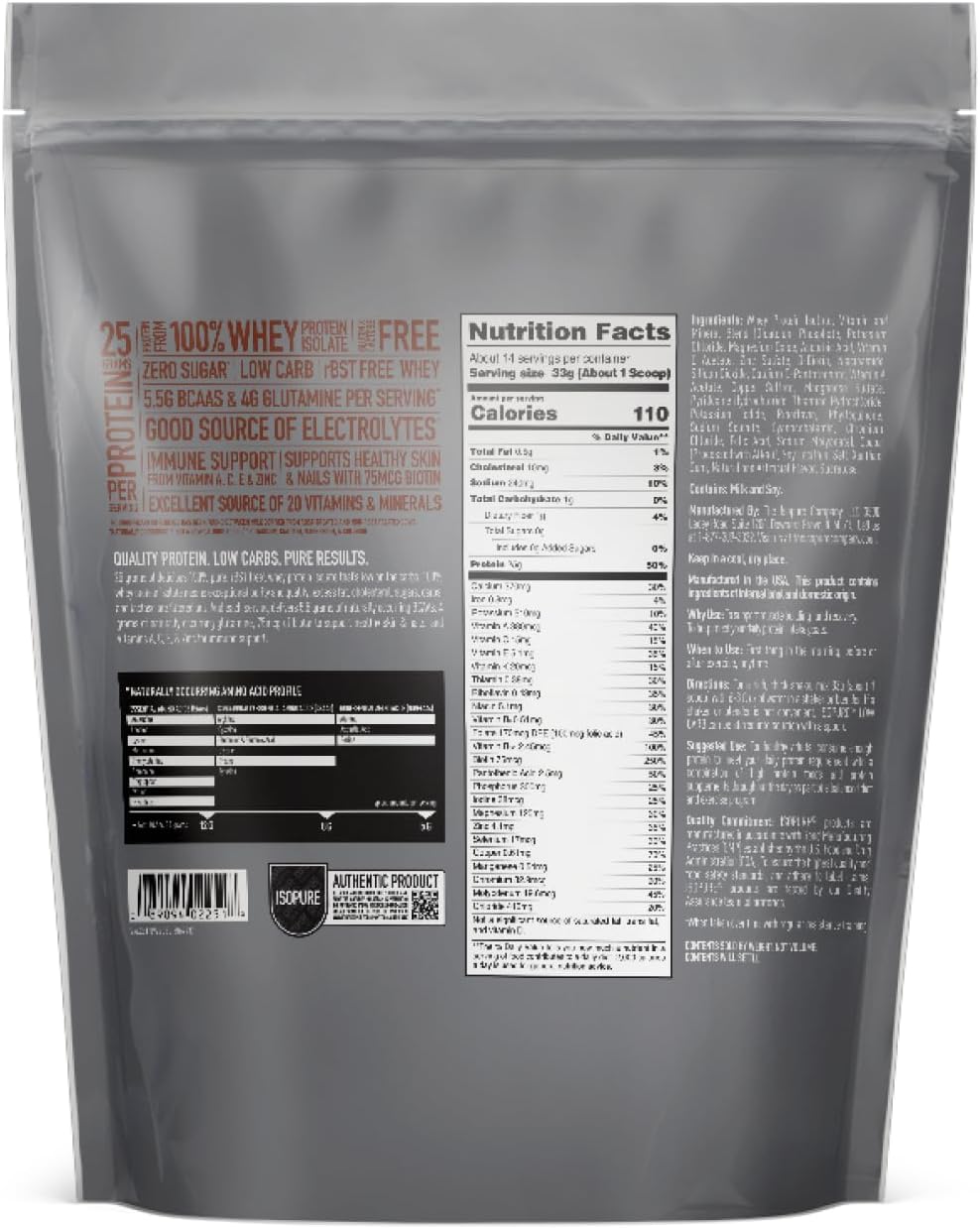 Isopure Dutch Chocolate Whey Isolate Protein Powder with Vitamin C & Zinc for Immune Support, 25g Protein, Low Carb & Keto Friendly, 14 Servings, 1 Pound (Packaging May Vary)