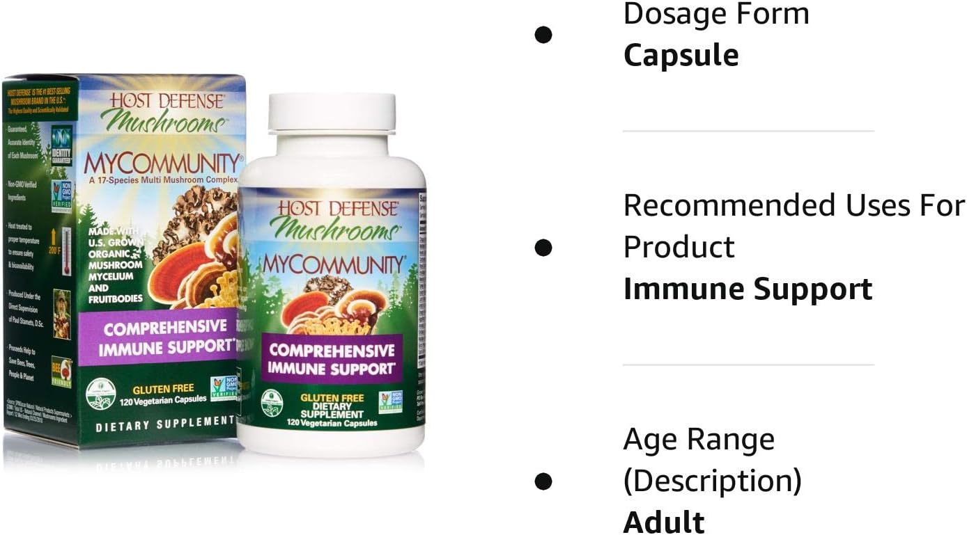 Host Defense, MyCommunity Capsules, Advanced Immune Support, Mushroom Supplement with Lion’s Mane and Reishi, Unflavored, 120