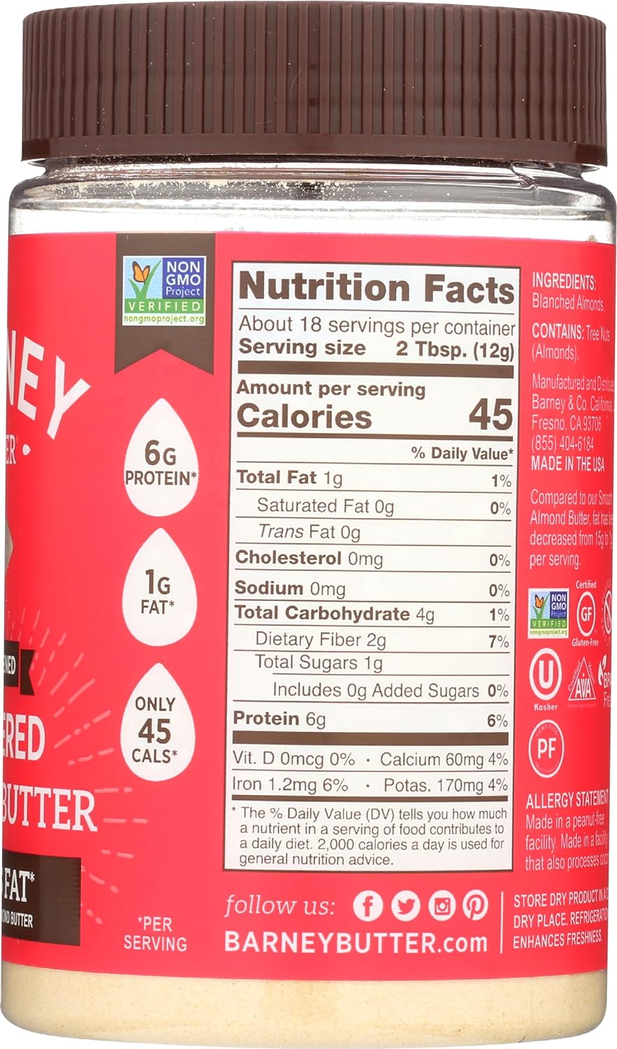 Barney Butter Powdered Almond Butter, Unsweetened, 8 Ounce Jar, No Added Sugar or Salt, Non-GMO, Gluten Free, Keto, Paleo, Vegan