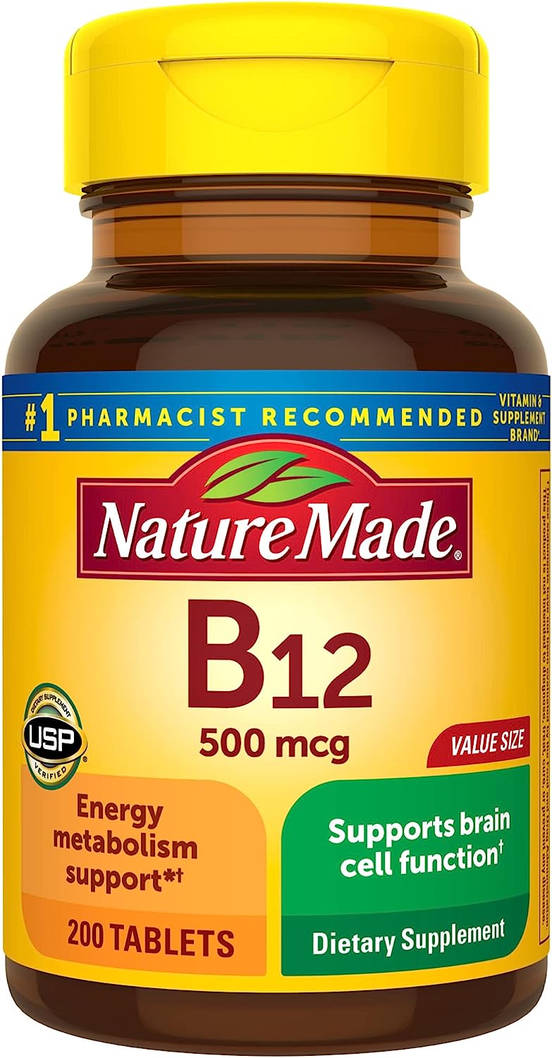 Nature Made Vitamin B12 500 mcg, Dietary Supplement for Energy Metabolism Support, 200 Tablets, 200 Day Supply