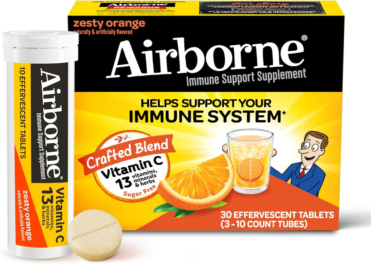 Airborne 1000mg Vitamin C with Zinc, SUGAR FREE Effervescent Tablets, Immune Support Supplement with Powerful Antioxidants Vitamins A C & E - 30 Fizzy Drink Tablets, Zesty Orange Flavor