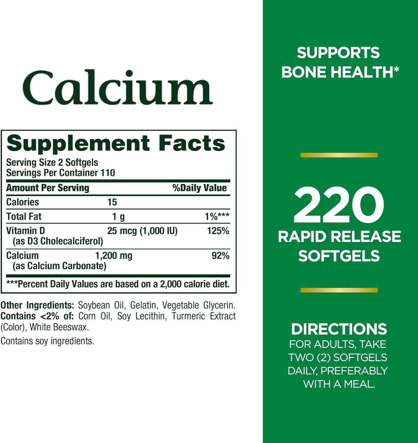 Nature's Bounty Calcium 1200 mg With Vitamin D3, Bone Health & Immune Support, 1000 IU, 220 Softgels