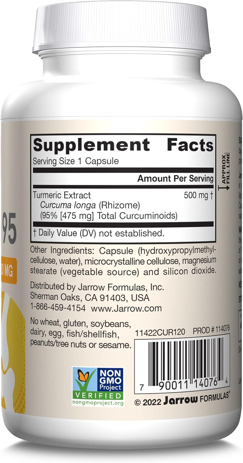 Jarrow Formulas Curcumin 95 500mg - Up to 120 Servings (Veggie Caps) - Turmeric Curcumin Extract for Antioxidant Support - Bone & Joint Dietary Supplement - Minimize Oxidative Stress - Vegan - Non-GMO