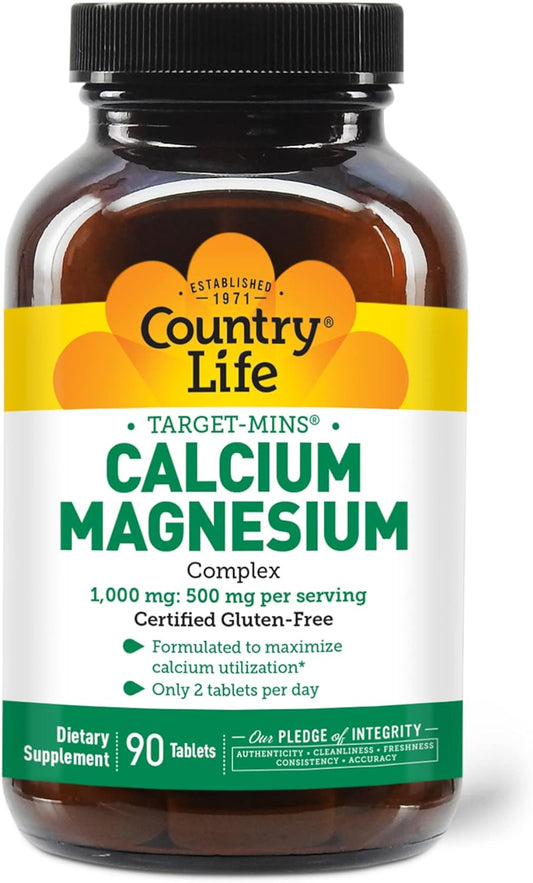 Country Life Target-Mins Calcium Magnesium Complex 1000mg/500mg, 90 Tablets, Certified Gluten Free, Certified Vegan, Certified Non-GMO Verified