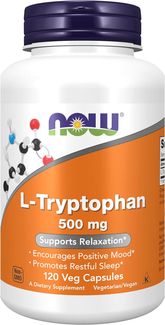 NOW Supplements, L-Tryptophan 500 mg, Encourages Positive Mood*, Supports Relaxation*, 120 Veg Capsules