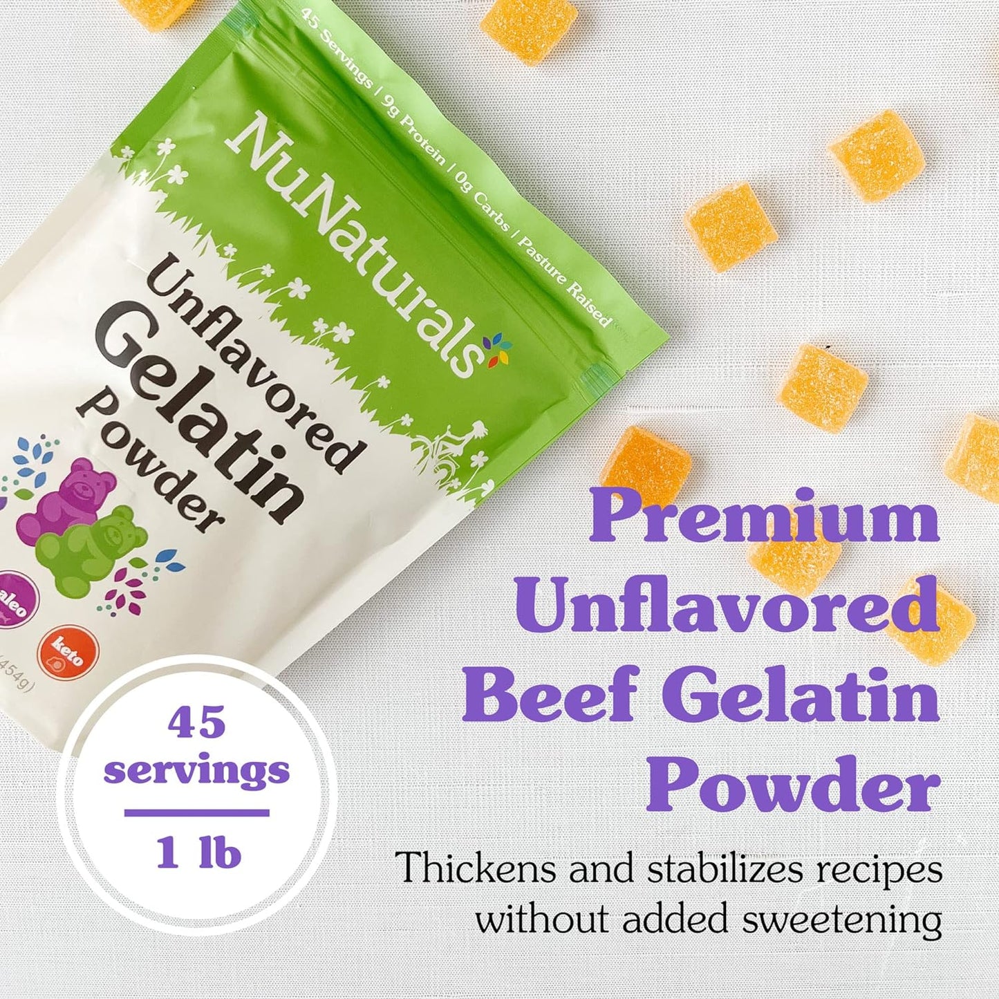 NuNaturals Unflavored Beef Gelatin Powder, Instantly Thickens, Stabilizes, and Texturizes, 1 lb