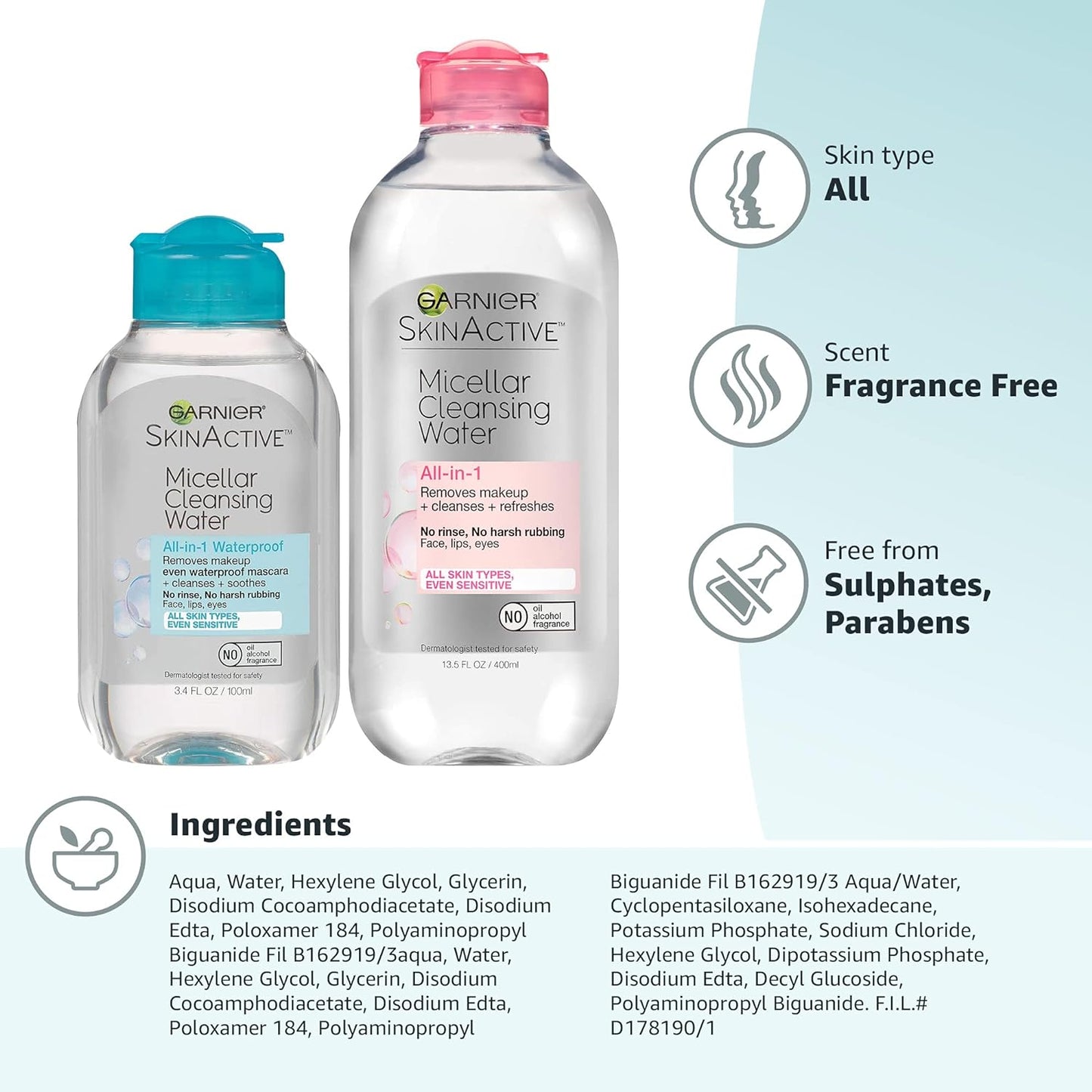 Garnier Micellar Cleansing Water, For All Skin Types, 13.5 fl oz + Micellar Cleansing Water, For Waterproof Makeup, 3.4 fl oz