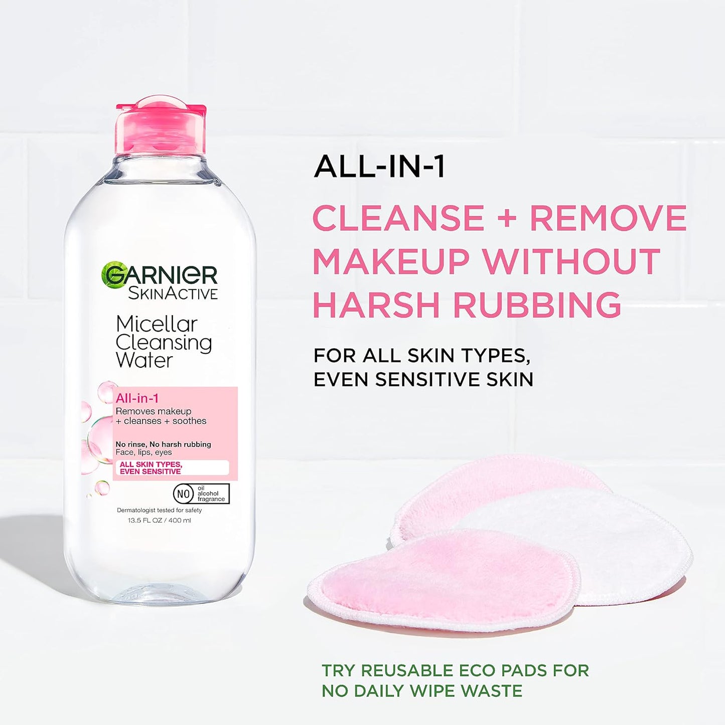 Garnier Micellar Cleansing Water, For All Skin Types, 13.5 fl oz + Micellar Cleansing Water, For Waterproof Makeup, 3.4 fl oz