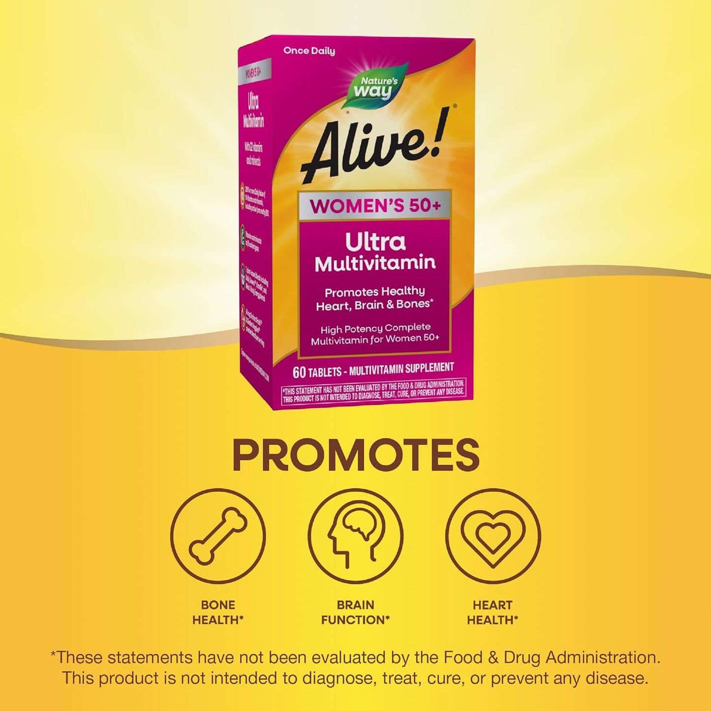 Nature’s Way Alive! Women’s 50+ Ultra Potency Complete Multivitamin, High Potency Formula, Promotes Healthy Heart, Brain, Bones*, Gluten-Free, 60 Tablets (Packaging May Vary)