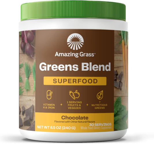 Amazing Grass Greens Blend Superfood: Super Greens Smoothie Mix with Organic Spirulina, Chlorella, Beet Root Powder, Digestive Enzymes & Probiotics, Chocolate, 30 Servings (Packaging May Vary)