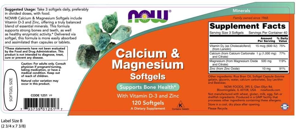 NOW Supplements, Calcium & Magnesium with Vitamin D-3 and Zinc, Supports Bone Health*, 120 Softgels