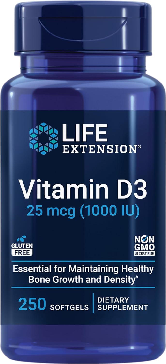 Life Extension Vitamin D3 25 mcg (1000 IU) – Promotes Bone Health, Brain Health An Immune Function – Non-GMO – Gluten-free – 250 Softgels