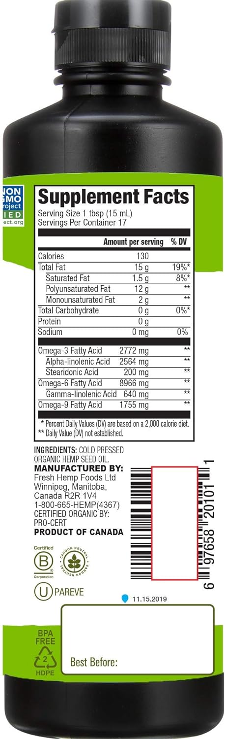 Manitoba Harvest Organic Hemp Oil, Cold Pressed, 12g of Omegas 3&6 Per Serving, Non-GMO, 8.45 Fl Oz