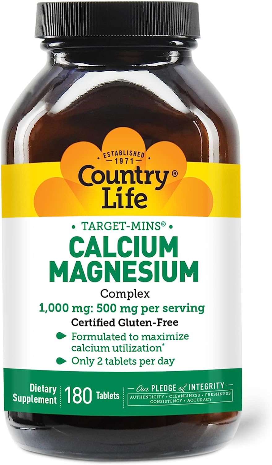 Country Life Target-Mins Calcium Magnesium Complex 1000mg/500mg, 180 Tablets, Certified Gluten Free, Certified Vegan, Certified Non-GMO Verified