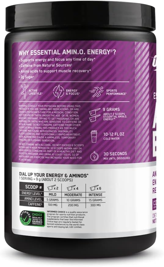 Optimum Nutrition Amino Energy - Pre Workout with Green Tea, BCAA, Amino Acids, Keto Friendly, Green Coffee Extract, Energy Powder - Concord Grape, 30 Servings