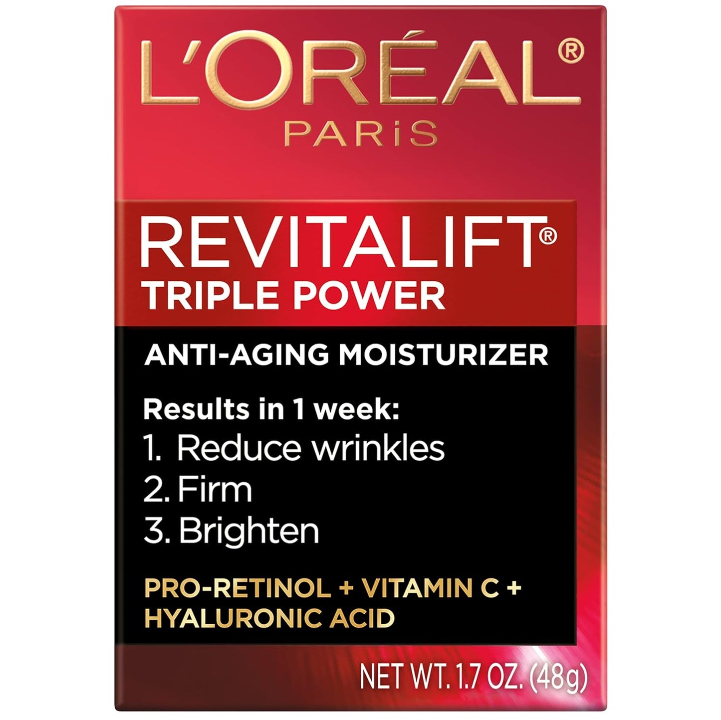 L'Oreal Paris Revitalift Triple Power Anti-Aging Face Moisturizer, Pro Retinol, Hyaluronic Acid & Vitamin C to Reduce Wrinkles, Firm & Brighten Skin, 1.7 Oz