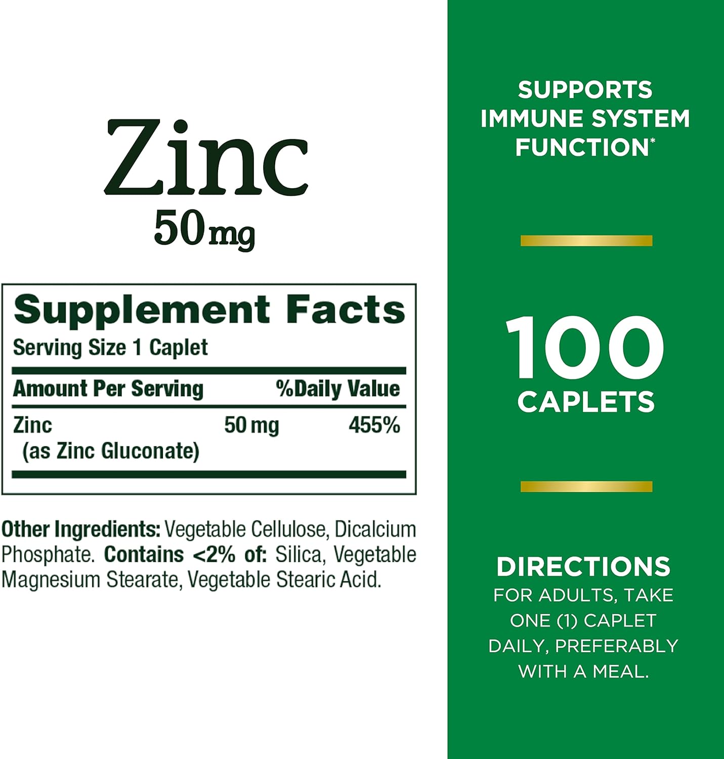 Nature's Bounty Zinc, Supports Immune System Function, Dietary Supplement, 50 mg, Caplets, 100 Ct