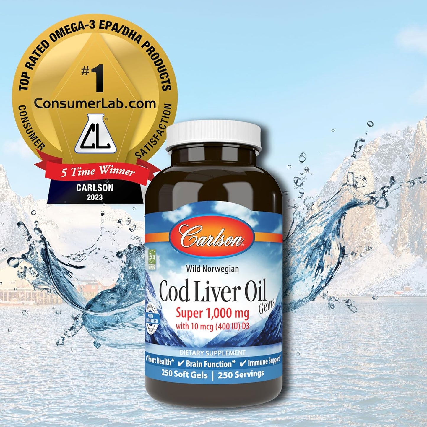 Carlson - Cod Liver Oil Gems, Super 1000 mg, 250 mg Omega-3s, 400 IU (10 mcg) Vitamin D3, Wild Caught Norwegian Arctic Cod Liver Oil, Nordic Fish Oil Capsules, 250 Softgels