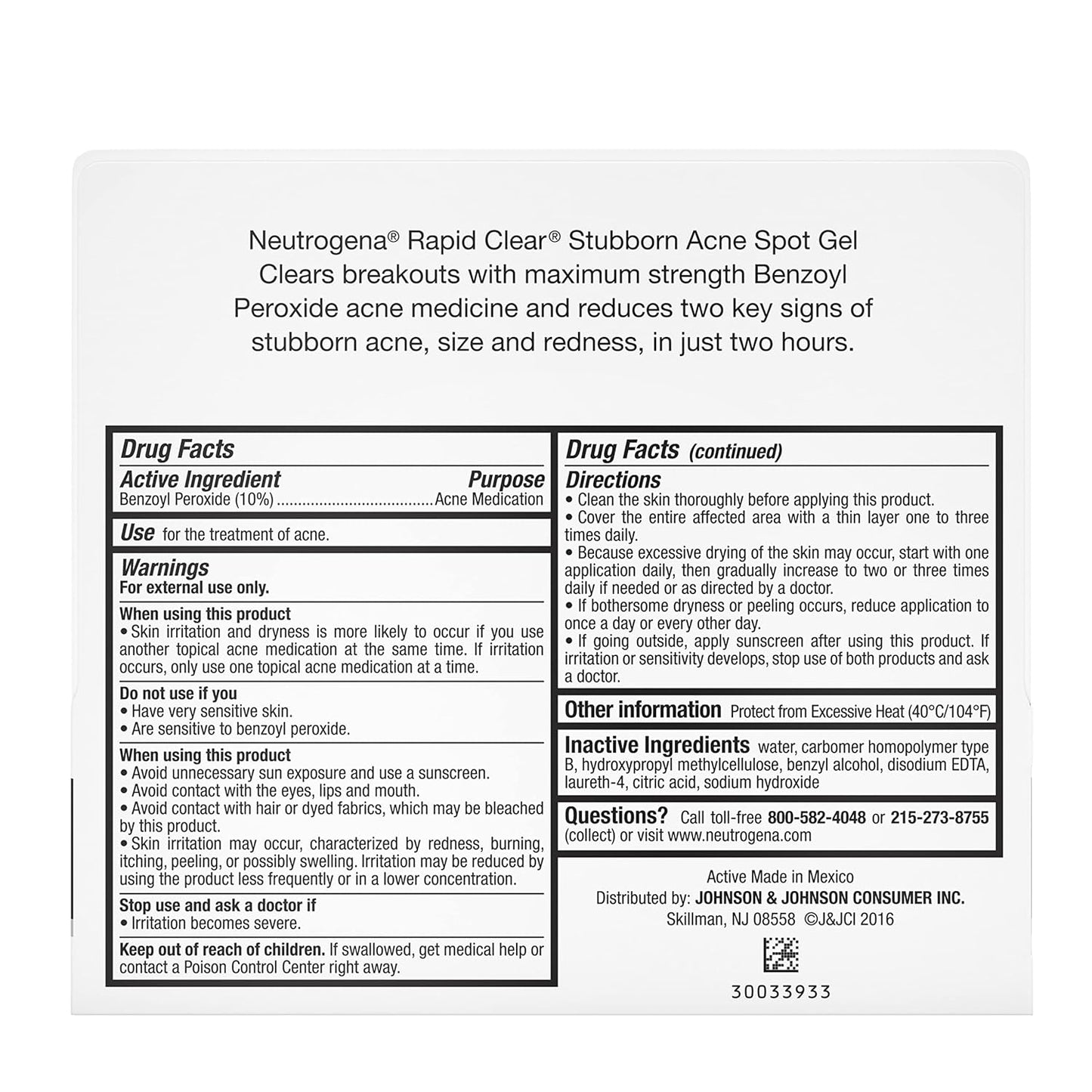 Neutrogena Rapid Clear Stubborn Acne Spot Treatment Gel with Maximum Strength 10% Benzoyl Peroxide Acne Treatment Medication, Pimple Cream for Acne Prone Skin Care, 1 oz