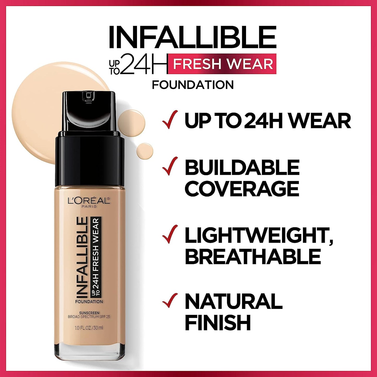 L'Oreal Paris Makeup Infallible Up to 24 Hour Fresh Wear Lightweight Foundation, Beige Ivory, 1 Fl Oz.