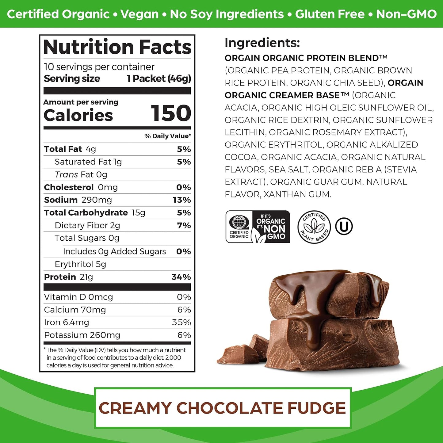 Orgain Organic Vegan Protein Powder, Chocolate Fudge - 21g Plant Based Protein, Gluten Free, Dairy Free, Lactose Free, Soy Free, No Sugar Added, Kosher, For Smoothies & Shakes - 10 Travel Packets