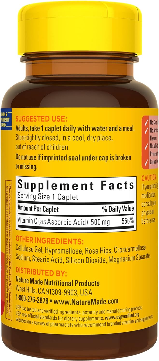 Nature Made Vitamin C 500 mg with Rose Hips, Dietary Supplement for Immune Support, 130 Caplets, 130 Day Supply