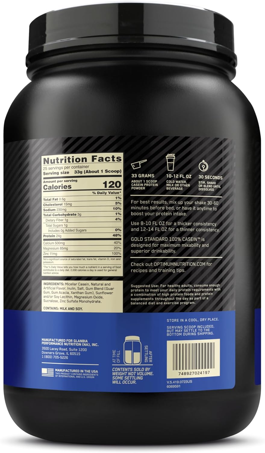 Optimum Nutrition Gold Standard 100% Micellar Casein Protein Powder, Slow Digesting, Helps Keep You Full, Overnight Muscle Recovery, Creamy Vanilla, 1.81 LB (Packaging May Vary)