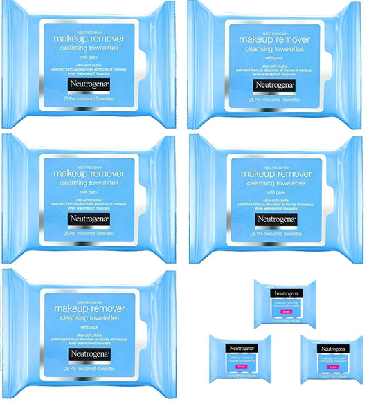 Neutrogena Makeup Remover Cleansing Towelettes, Daily Face Wipes to Remove Dirt, Oil, Makeup & Waterproof Mascara, 25 ct (5 pack + 3 Bonus Pouches)