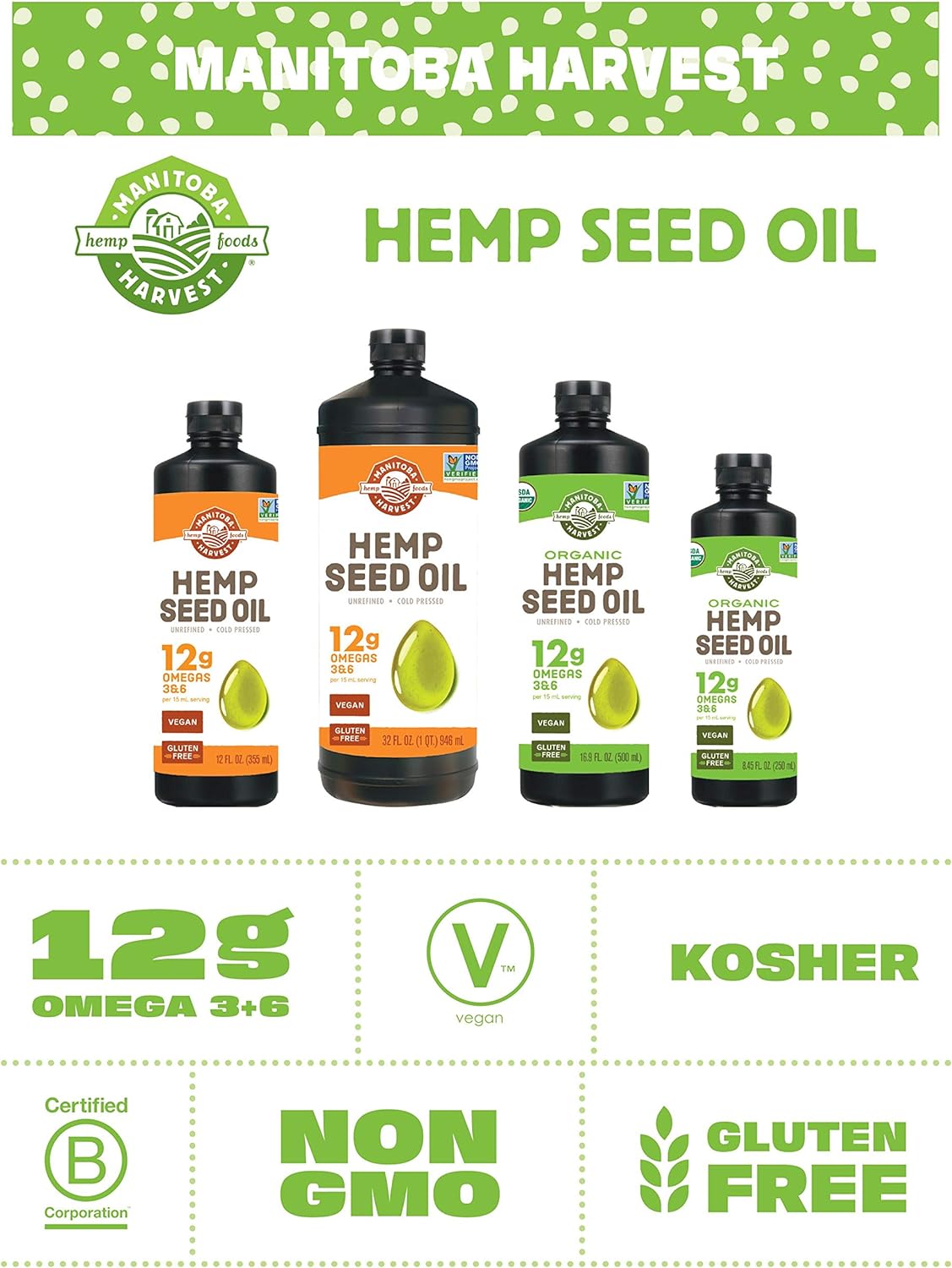 Manitoba Harvest Organic Hemp Oil, Cold Pressed, 12g of Omegas 3&6 Per Serving, Non-GMO, 8.45 Fl Oz