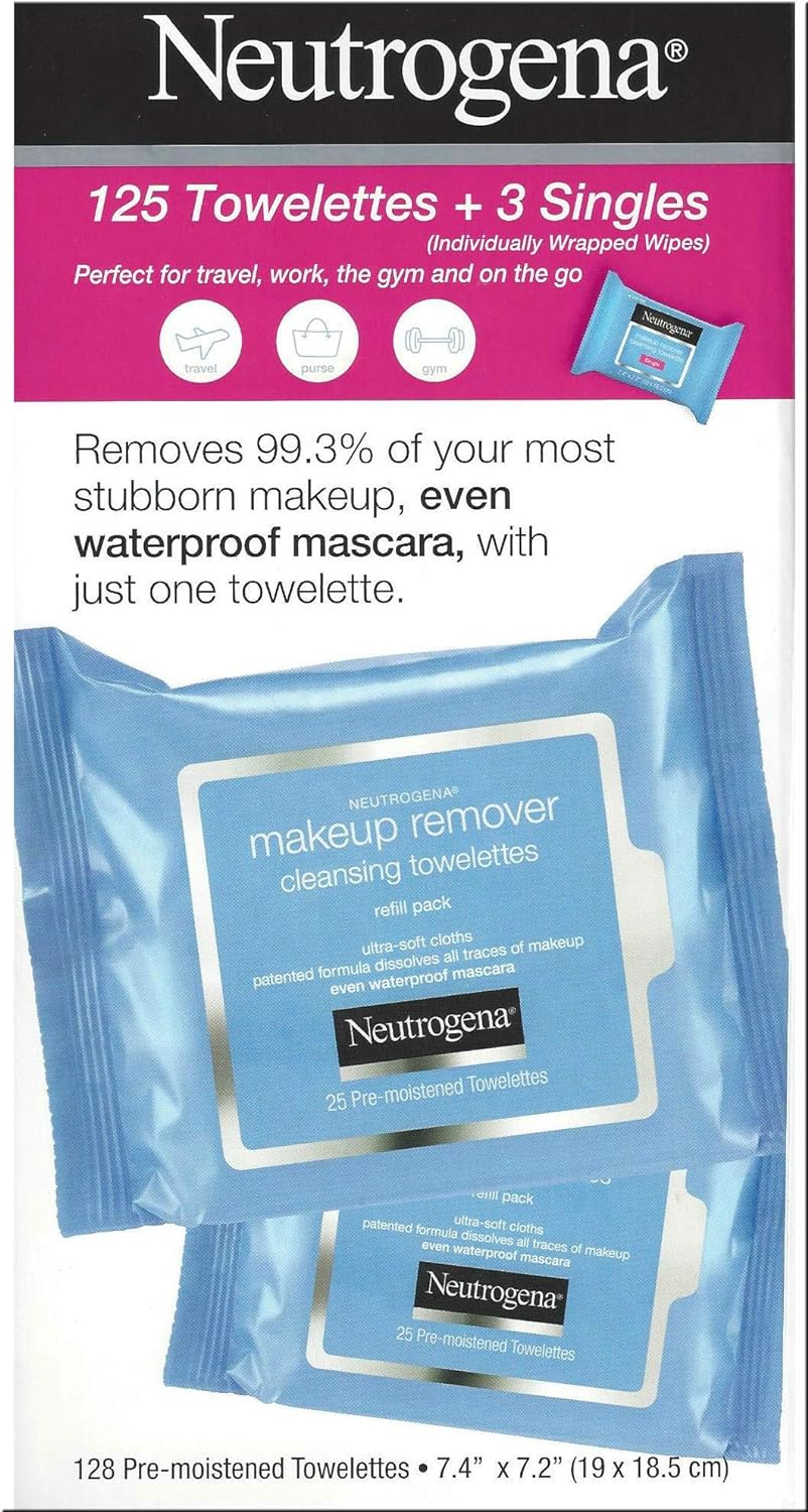 Neutrogena Makeup Remover Cleansing Towelettes, Daily Face Wipes to Remove Dirt, Oil, Makeup & Waterproof Mascara, 25 ct (5 pack + 3 Bonus Pouches)