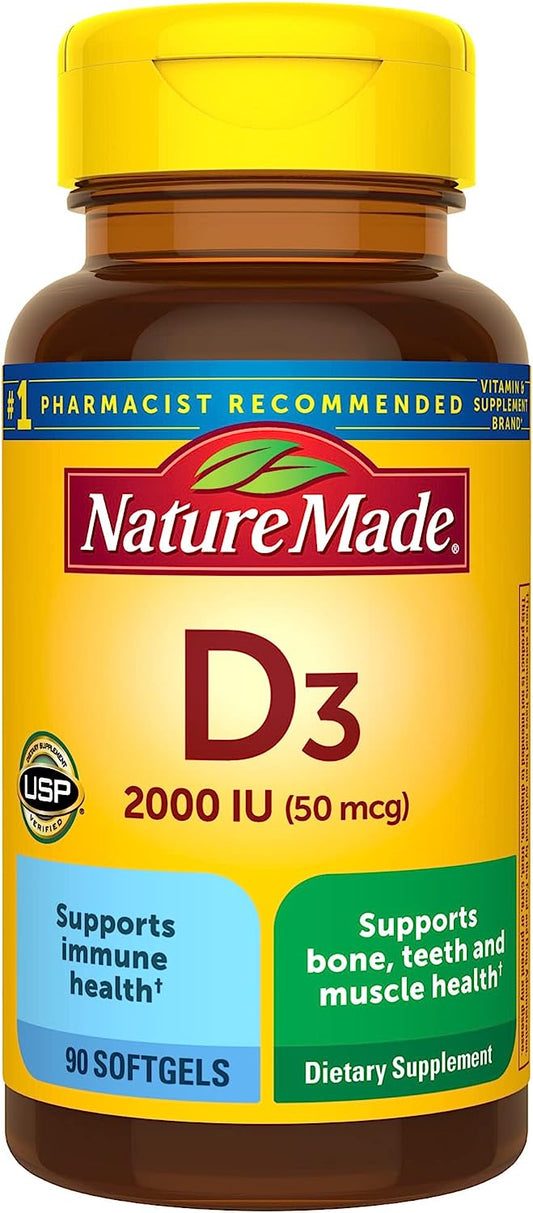 Nature Made Vitamin D3 2000 IU (50 mcg), Dietary Supplement for Bone, Teeth, Muscle and Immune Health Support, 90 Softgels, 90 Day Supply