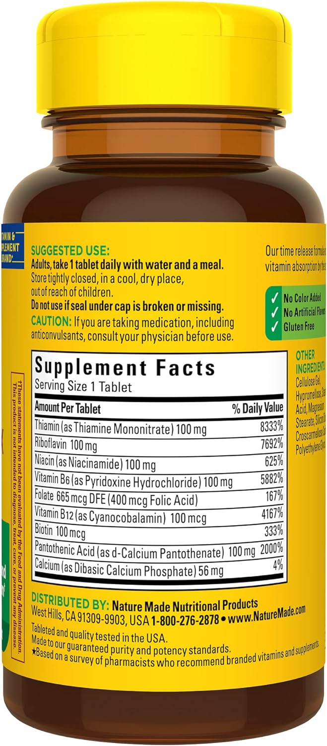 Nature Made Time Release Vitamin B-100 High Potency B Complex, Dietary Supplement for Nervous System Function Support, 60 Time Release Tablets, 60 Day Supply