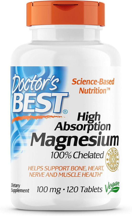 Doctor's Best High Absorption Magnesium Glycinate Lysinate, 100% Chelated, TRACCS, Not Buffered, Non-GMO, Vegan, Gluten & Soy Free, 100 mg, 120 Tablets (Packaging May Vary)