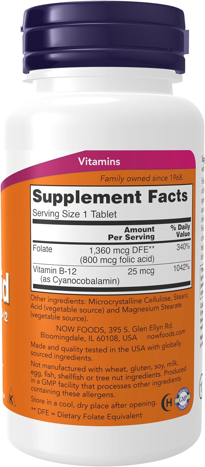 NOW Supplements, Folic Acid 800 mcg + B-12 (Cyanocobalamin) 25 mcg, B Complex Vitamin, 250 Tablets