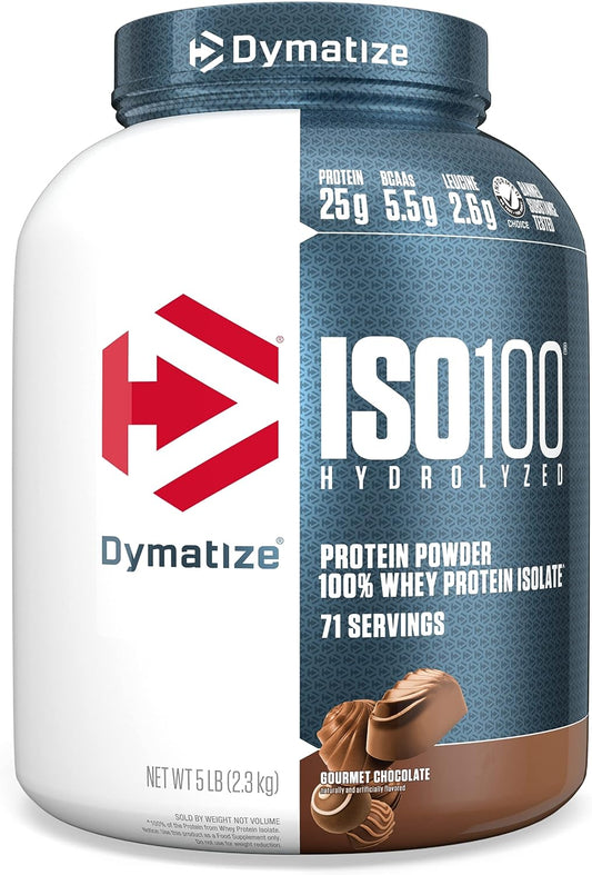 Dymatize ISO100 Hydrolyzed Protein Powder, 100% Whey Isolate Protein, 25g of Protein, 5.5g BCAAs, Gluten Free, Fast Absorbing, Easy Digesting, Gourmet Chocolate, 5 Pound